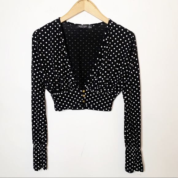 Nasty Gal Polka Dot Black & White Crop Top Long Sleeve SZ 2 - Picture 1 of 6